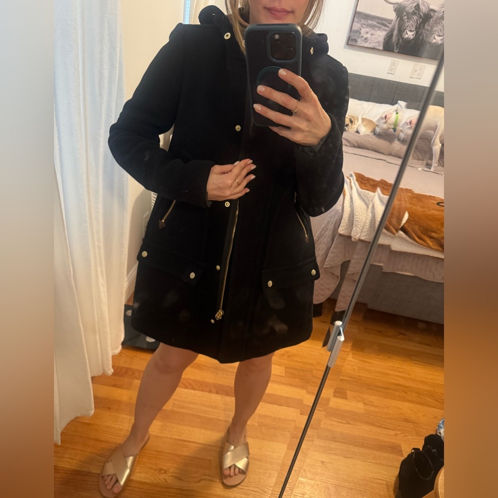J. Crew Black Wool Blend Hooded Coat with Gold Hardware